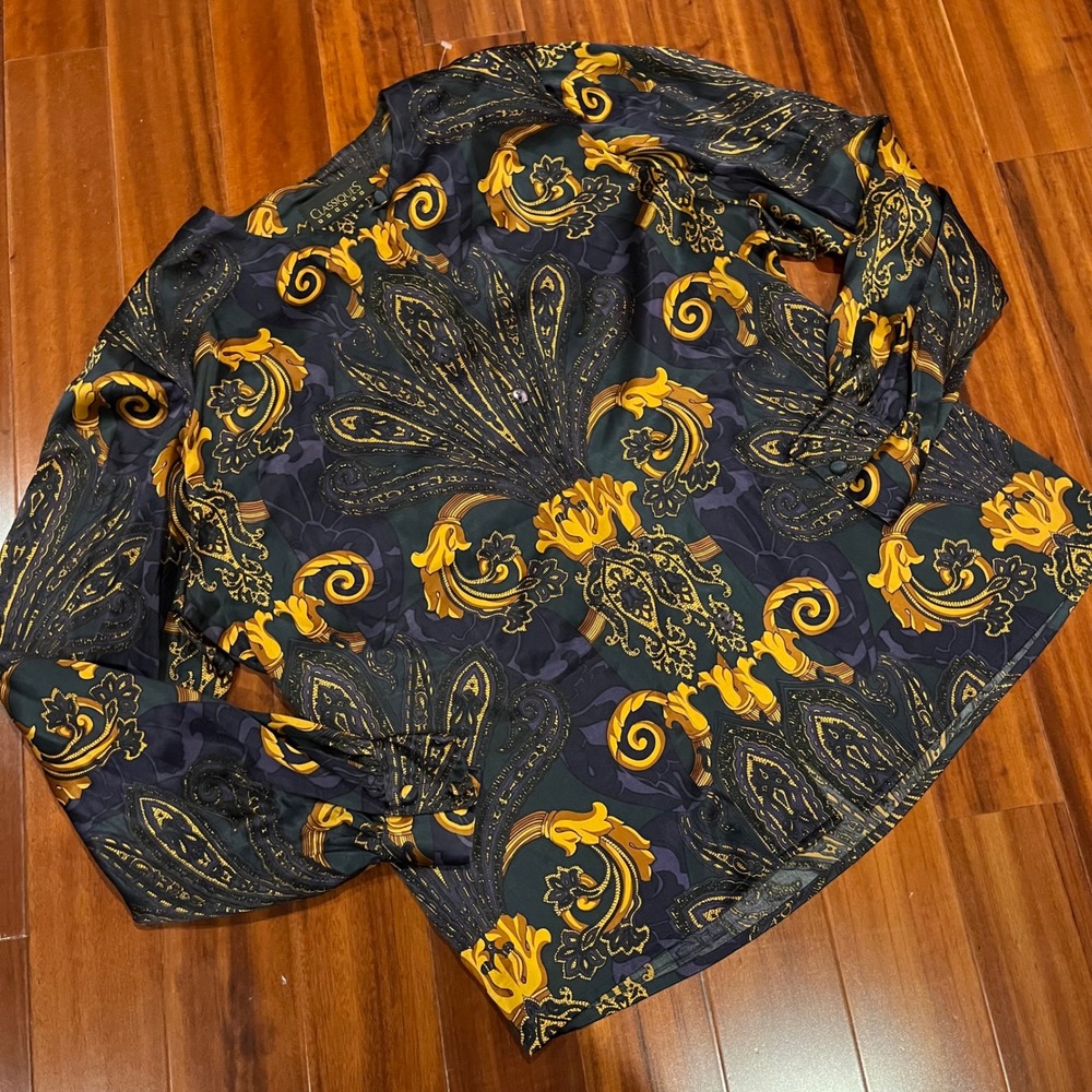 Classiques Silk Blouse Shirt Top Button Down Paisley Baroque Long Sleeve Size 10